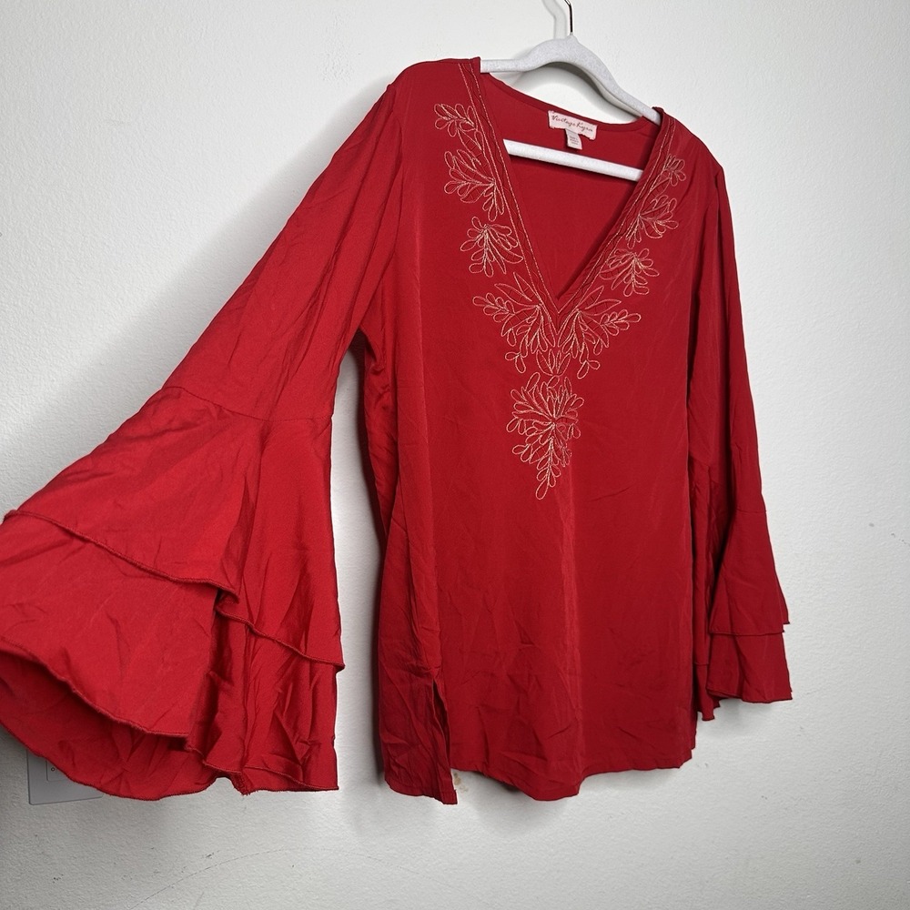 Vintage Kyra blouse top bell sleeve Red Size L Floral Embroidery Top Boho Weste